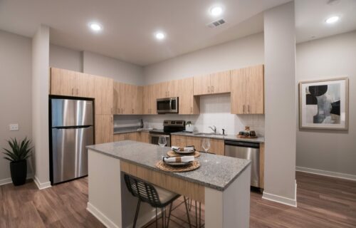 Rich Apartment Features at Allora Wallace Park - Gourmet kitchens with granite countertops, kitchen islands, and subway tile backsplash