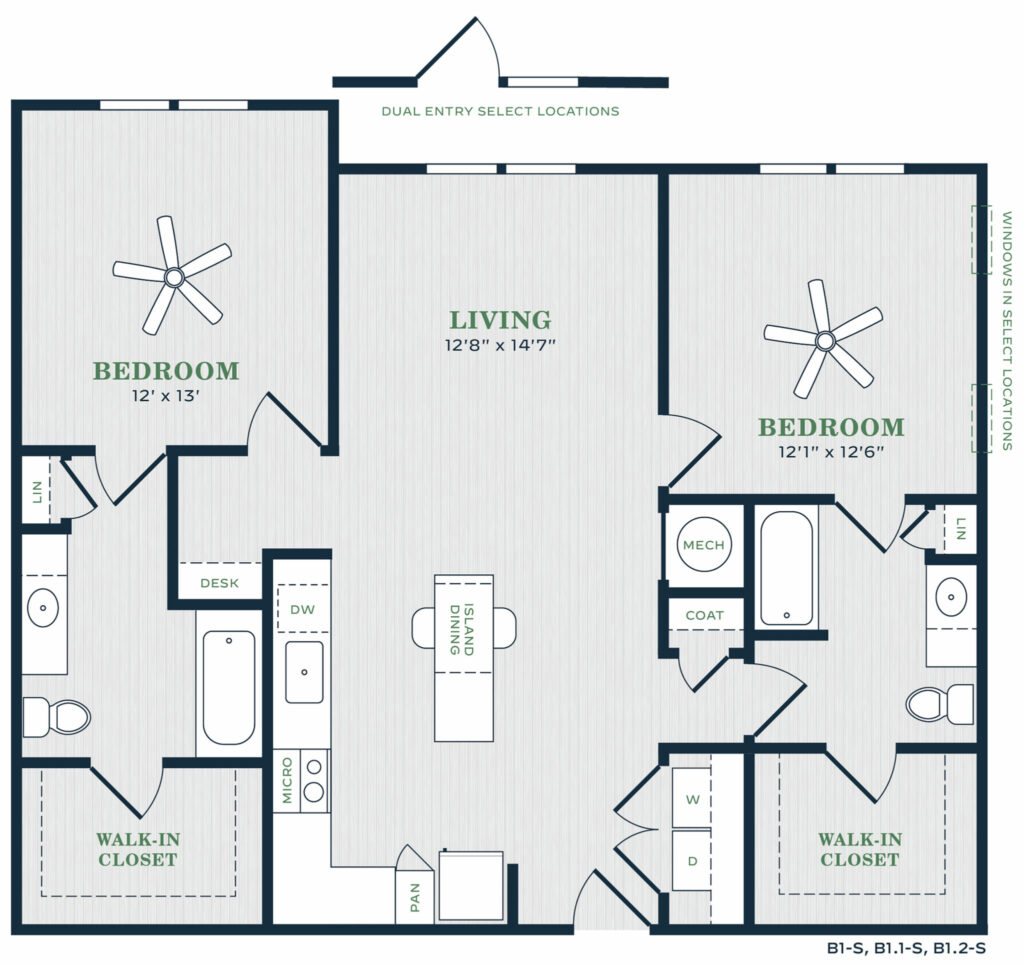 Spacious Living in Every Corner - B1 two-bedroom and two-bathroom luxury floor plan